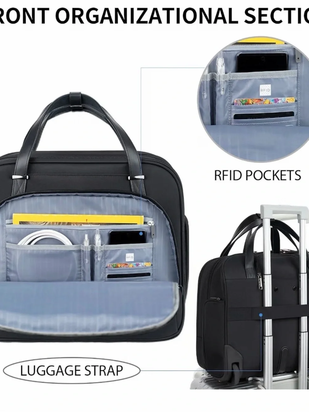 Black Quilted Carry-On Laptop Bag with Trolley Sleeve